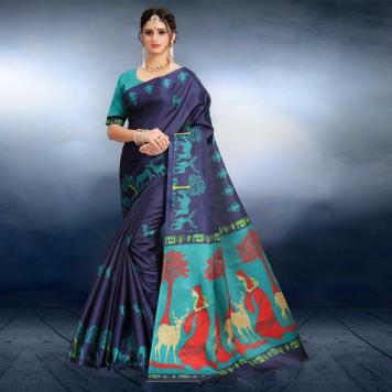 SVB Saree  Blue Animal Printed Khadi silk Saree With Bl...