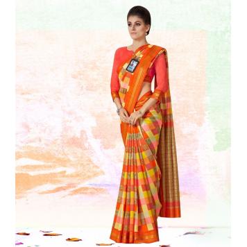 Stylish Party Wear Khadi Silk Print Saree (Orange) by A...