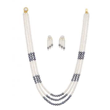 Classy White Grey Freshwater 3 String Pearl Necklace Se...