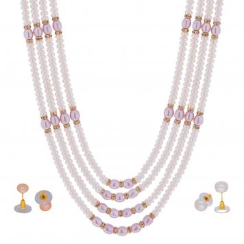 Trendy Hot 4 Lines Pink and White Pearl Necklace for Wo...