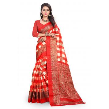 SVB Saree Red Khadi Silk Saree With Blouse Piece