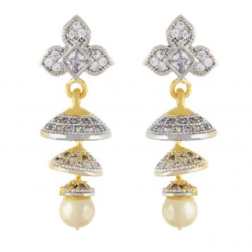 Pearl Drop Gold Plated American Diamond Cz Jhumki Earri...