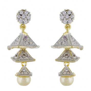 Pearl Drop Gold Plated American Diamond Cz Jhumki Earri...