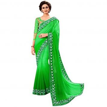 Stylish Party Wear Saree with Lace and mirror work (Gre...