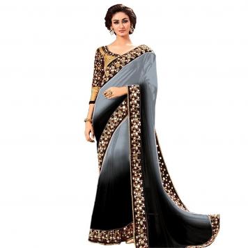 Stylish Party Wear Saree with Lace and mirror work (Bla...