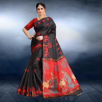 SVB Saree Black   Animal Printed Khadi silk Saree With ...