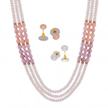 Glitering of Peach And Pink White Pearl Necklace of 3 L...