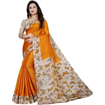 SVB Saree Printed Kalamkari Cotton Blend Saree  (Yell...