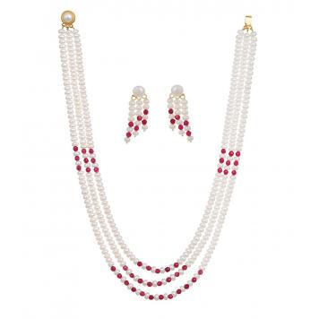 Ruby Red Freshwater Pearl Three Lines Necklace Set for ...