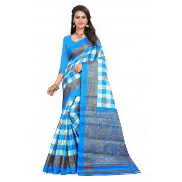 SVB Light Blue Yellow Khadi Silk Saree With Blouse Piec...