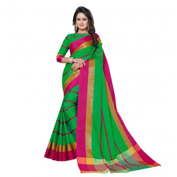 Pure Soft Cotton Silk Saree with Blouse (Green) By Asli...