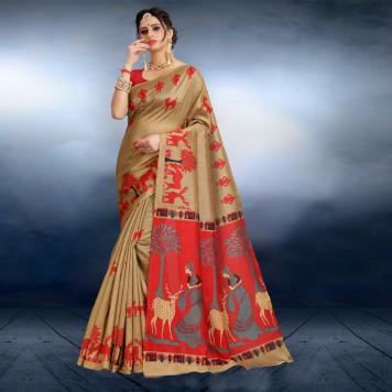 SVB Saree Beige Animal Printed Khadi silk Saree With Bl...