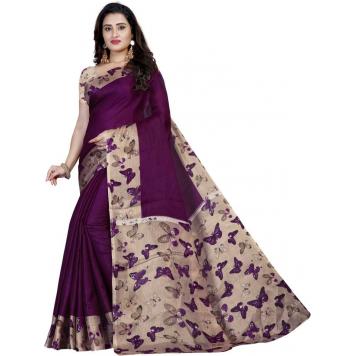 SVB Saree Printed Kalamkari Cotton Blend Saree  (Purp...