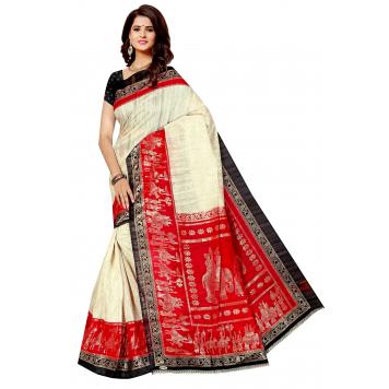 SVB Saree Red Foil Print Khadiu silk Saree With Blouse ...