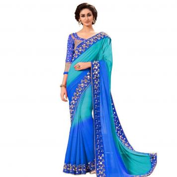 Stylish Party Wear Saree with Lace and mirror work (Blu...