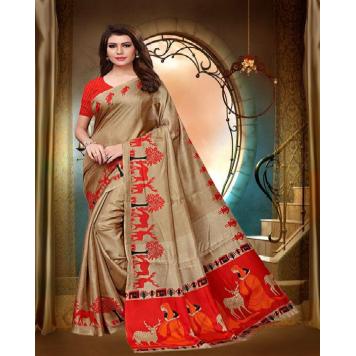 SVB Saree Womens Beige& Red Khadi Silk Printed Sare...