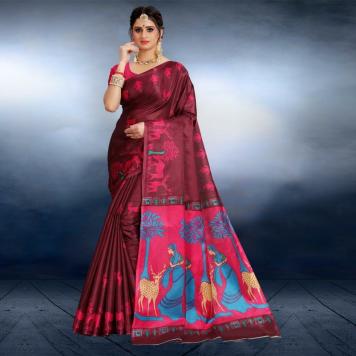 SVB Saree Maroon Animal Printed Khadi silk Saree With B...