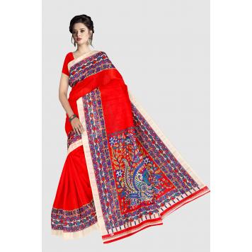 SVB Saree Red Bhagalpuri Silk Saree With Blouse Piece