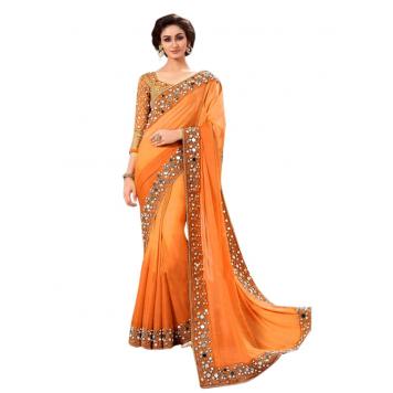 Stylish Party Wear Saree with Lace and mirror work (Ora...