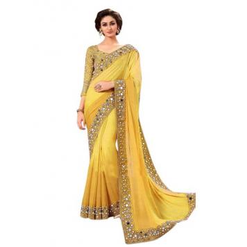 Stylish Party Wear Saree with Lace and mirror work (Yel...